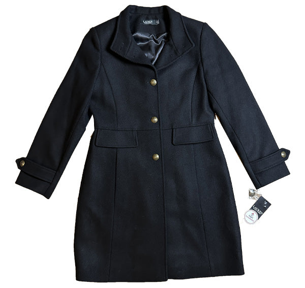 Ralph Lauren Women's Three Button Wool Blend Reefer Coat Black - TEK ADET