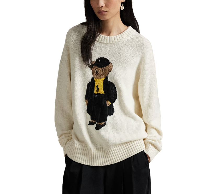Polo Ralph Lauren Women's Polo Bear Cotton Crewneck Sweater Clubhouse Cream Multi