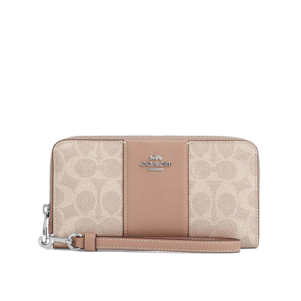 Coach Women's Long Zip Around Wallet In Signature Canvas With Stripe Silver/Sand/Taupe