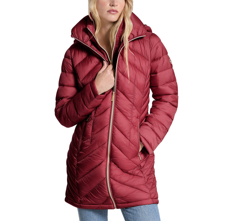 Michael Kors Women's Packable Quilted Nylon Puffer Coat Cherry