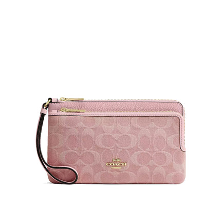 Coach Women's Double Zip Wallet In Signature Denim Gold/Light Pink