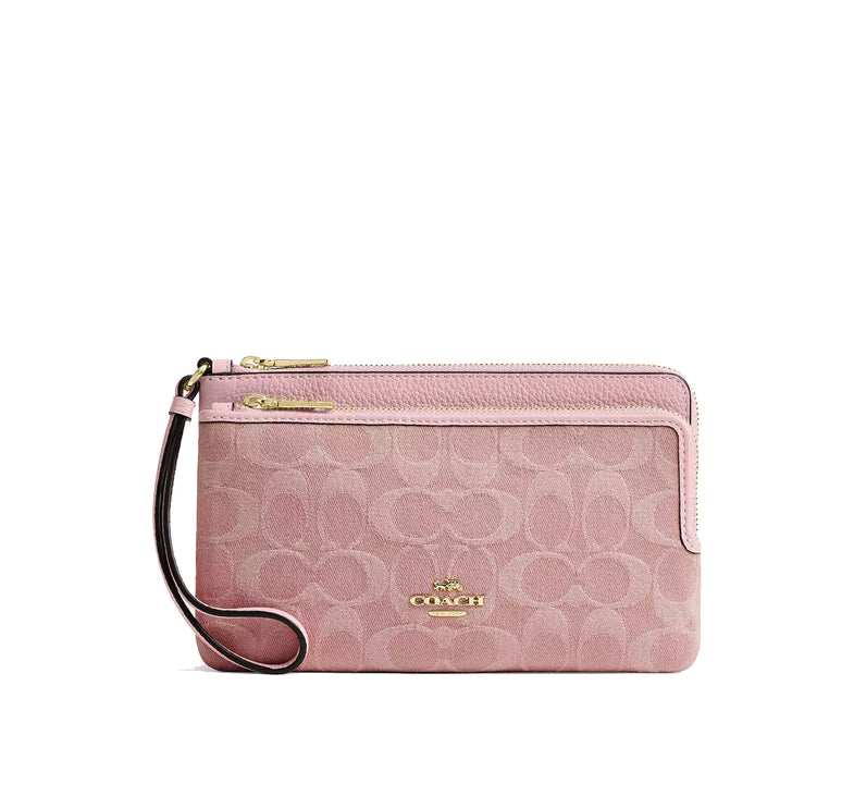 Coach Women's Double Zip Wallet In Signature Denim Gold/Light Pink