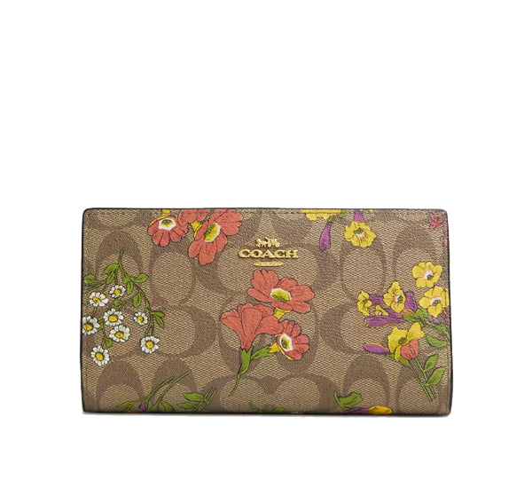 Coach Women's Slim Zip Wallet In Signature Canvas With Floral Print Gold/Khaki Multi