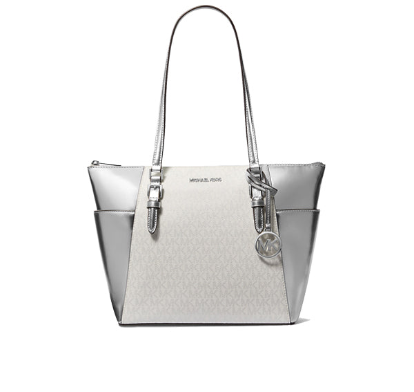 Michael Kors Women's Charlotte Large Signature Logo and Metallic Tote Bag Silver