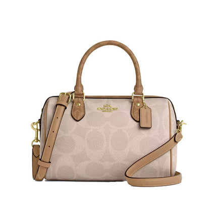 Coach Women's Rowan Satchel Bag In Blocked Signature Canvas Gold/Sand/Tan