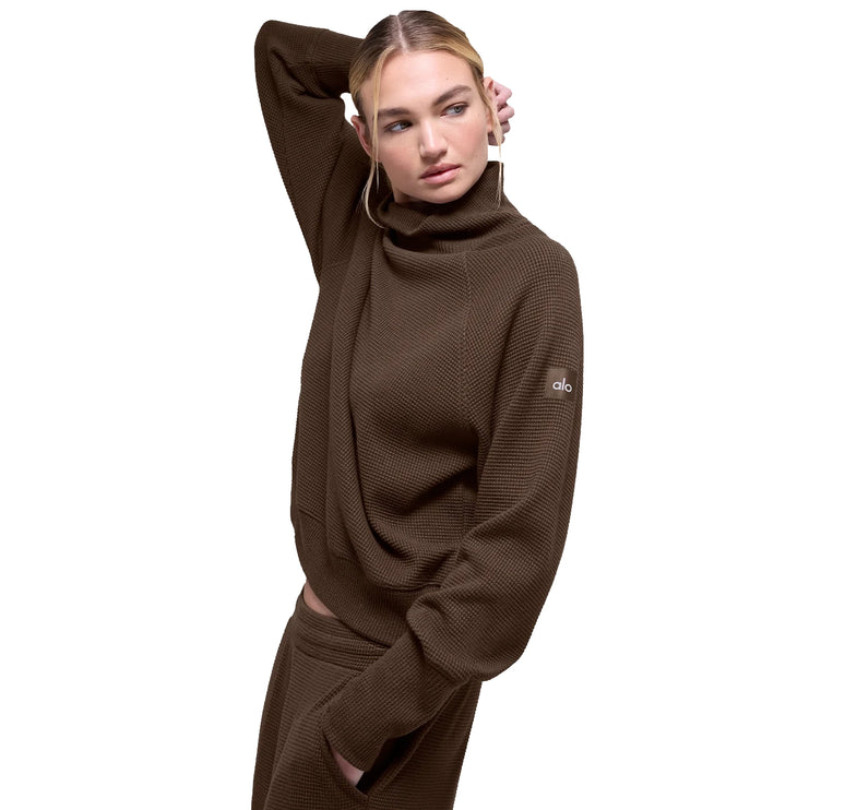 alo Women's Waffle Weekend Escape Mock Neck Long Sleeve Espresso