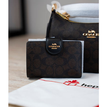Coach Women's Medium Corner Zip Wallet In Signature Canvas Gold/Walnut/Black