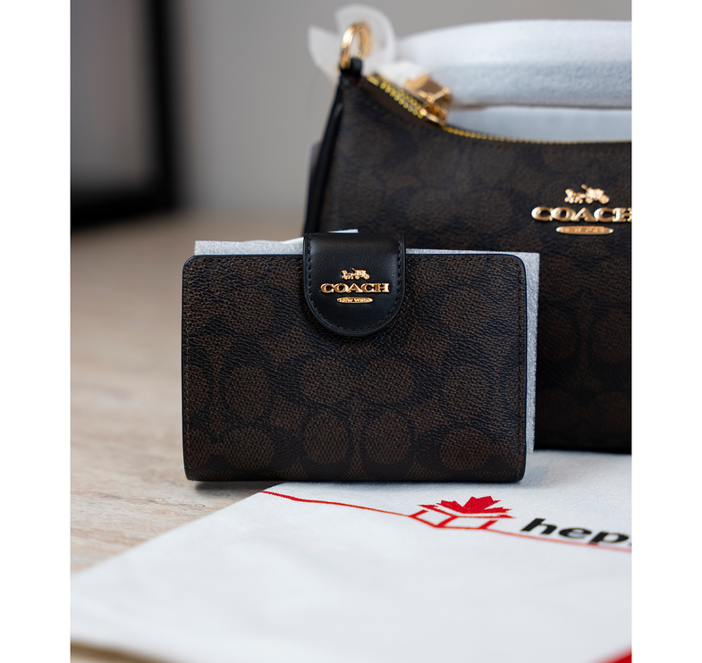 Coach Women's Medium Corner Zip Wallet In Signature Canvas Gold/Walnut/Black
