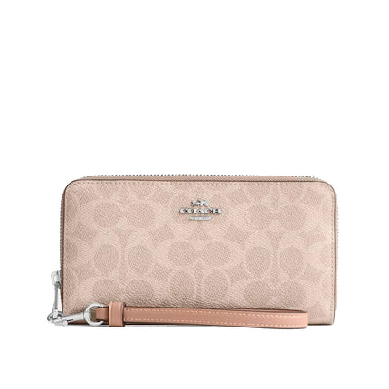 Coach Women's Long Zip Around Wallet In Signature Canvas Silver/Sand/Taupe