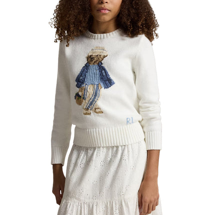 Polo Ralph Lauren Girl's Polo Bear Cotton Sweater Deckwash White