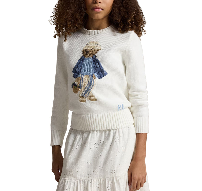 Polo Ralph Lauren Girl's Polo Bear Cotton Sweater Deckwash White