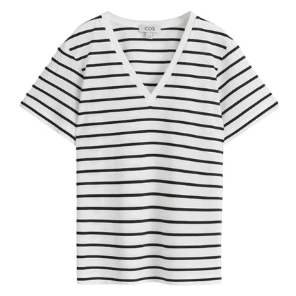 COS Women's V-Neck Cotton T-Shirt White/Striped