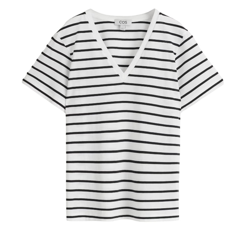 COS Women's V-Neck Cotton T-Shirt White/Striped