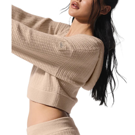 alo Women's Cashmere Plush Waffle Full Zip Hoodie Macadamia Blush