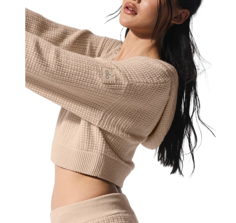 alo Women's Cashmere Plush Waffle Full Zip Hoodie Macadamia Blush