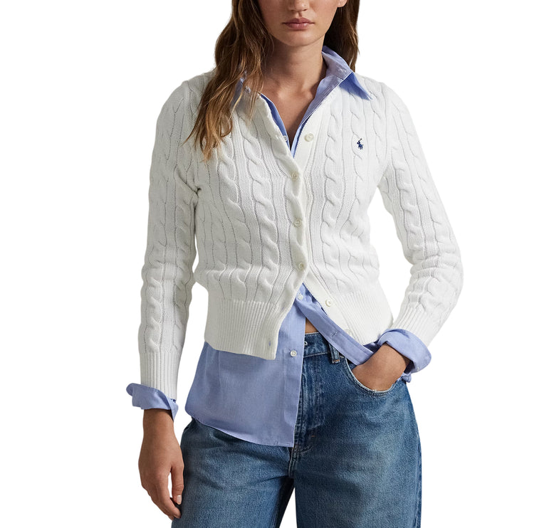 Polo Ralph Lauren Women's Cable-Knit Cotton Crewneck Cardigan White