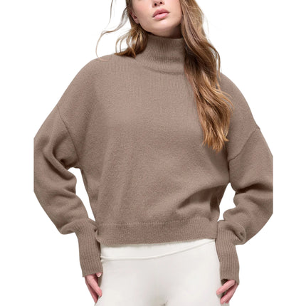 alo Women's Wool Cashmere Cropped New Class Turtleneck Sweater Chai Latte
