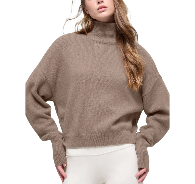 alo Women's Wool Cashmere Cropped New Class Turtleneck Sweater Chai Latte