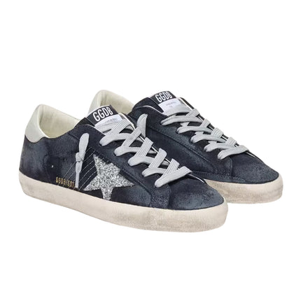 Golden Goose Women's Super-Star Star in Blue Suede with Silver Glitter Star