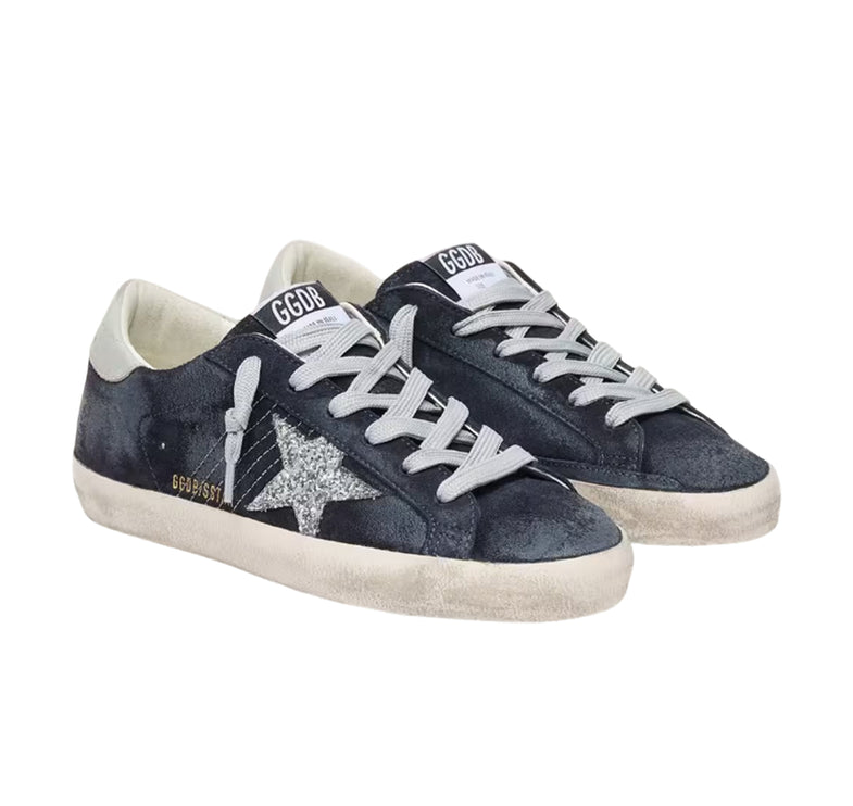 Golden Goose Women's Super-Star Star in Blue Suede with Silver Glitter Star