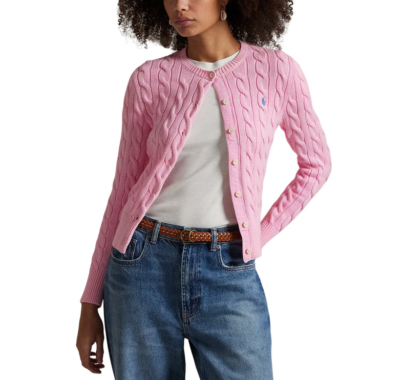 Polo Ralph Lauren Women's Cable-Knit Cotton Crewneck Cardigan Carmel Pink