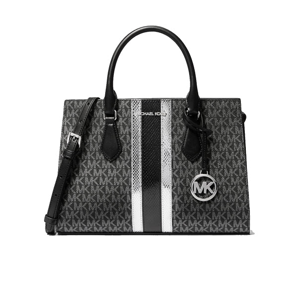 Michael Kors Women's Sheila Medium Signature Logo and Metallic Satchel Black