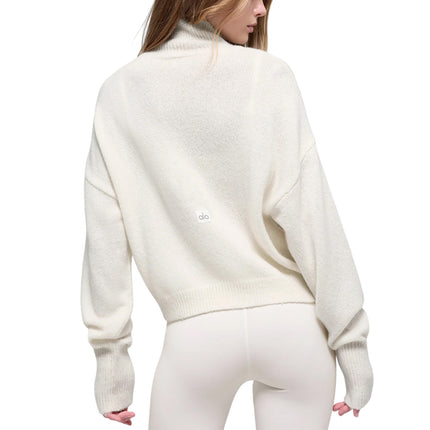 alo Women's Wool Cashmere Cropped New Class Turtleneck Sweater Ivory