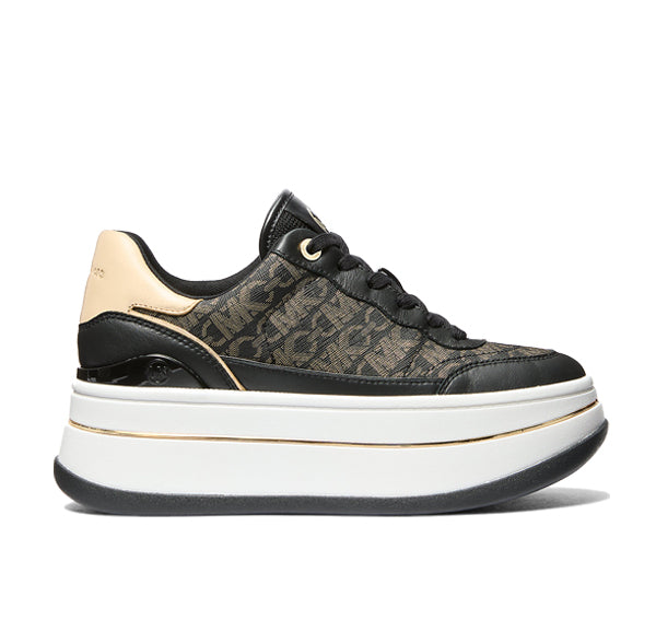 Michael Kors Women's Hayes Metallic Empire Monogram and Leather Trainer Black/Pale Gold