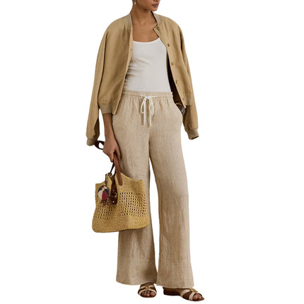 Polo Ralph Lauren Women's Striped Linen Wide-Leg Pant Tan/White