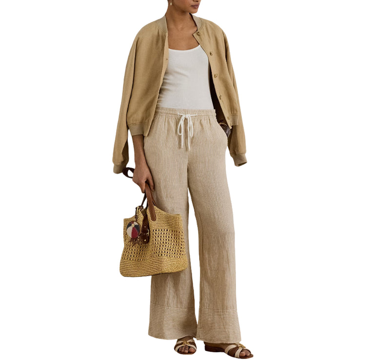 Polo Ralph Lauren Women's Striped Linen Wide-Leg Pant Tan/White