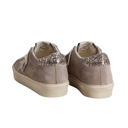 Golden Goose Women's Hi Star sneakers in Beige Suede with Laminated Leather Star and Glitter Heel Tab