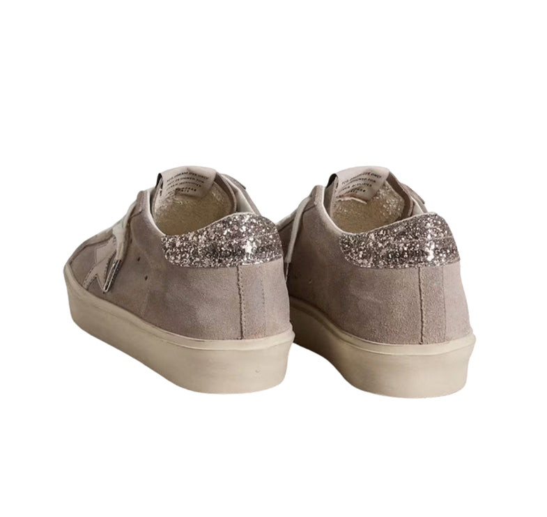 Golden Goose Women's Hi Star sneakers in Beige Suede with Laminated Leather Star and Glitter Heel Tab