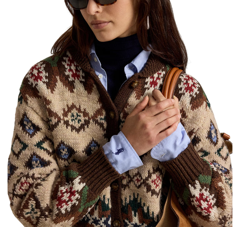 Polo Ralph Lauren Women's Geo-Pattern Wool-Cashmere Cardigan Oatmeal/brown Multi