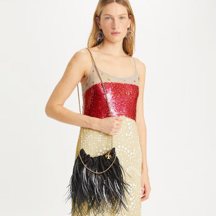 Tory Burch Women's Mini Fleming Feather Hobo Bag Black