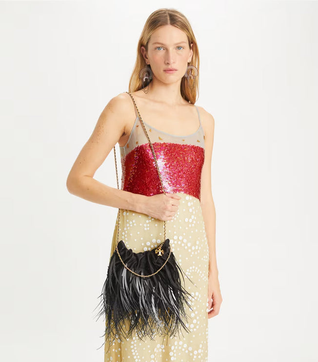 Tory Burch Women's Mini Fleming Feather Hobo Bag Black