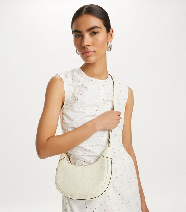 Tory Burch Women's T Monogram Leather Crescent Bag Light Cream
