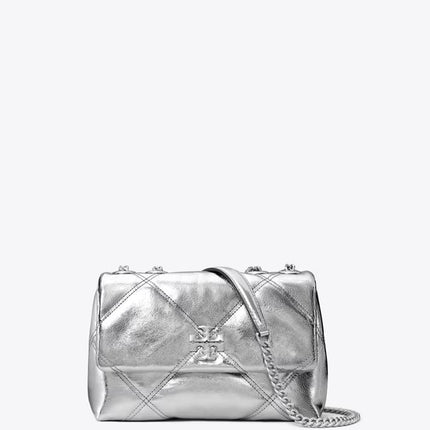 Tory Burch Women's Small Kira Diamond Quilt Metallic Convertible Shoulder Bag Silver