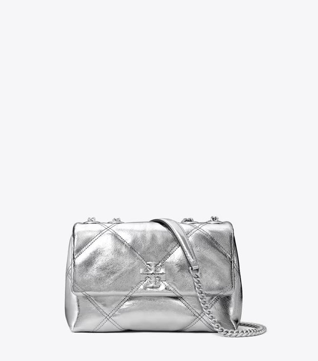 Tory Burch Women's Small Kira Diamond Quilt Metallic Convertible Shoulder Bag Silver