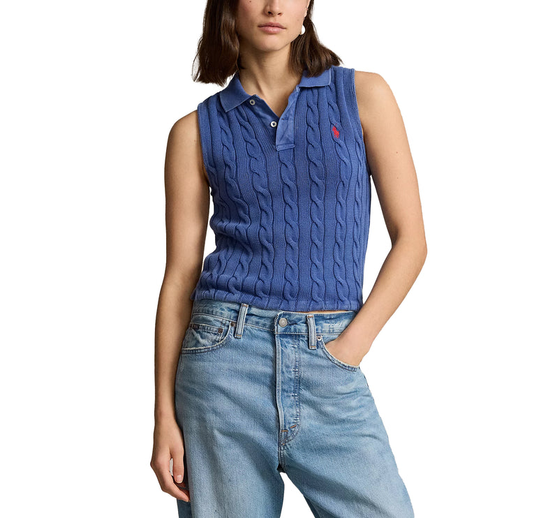 Polo Ralph Lauren Women's Cable Knit Cropped Polo Shirt Blue Yacht