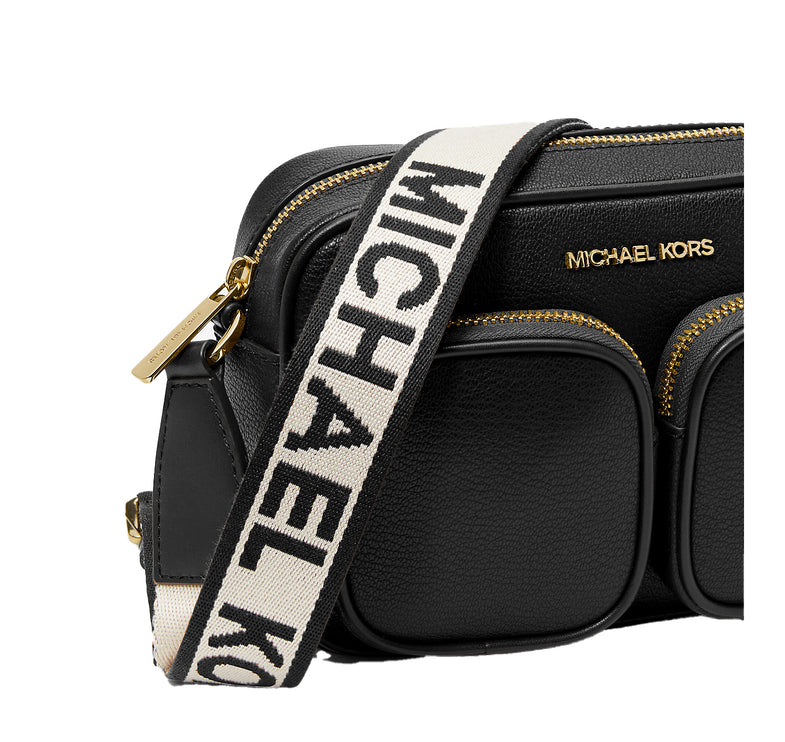Michael Kors Women's Jet Set Medium Leather Crossbody Bag with Case for Apple Airpods Pro Black/Gold - Özel İndirim