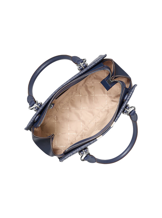 Michael Kors Women's Marilyn Medium Signature Logo Stripe Satchel Bag Navy/Silver