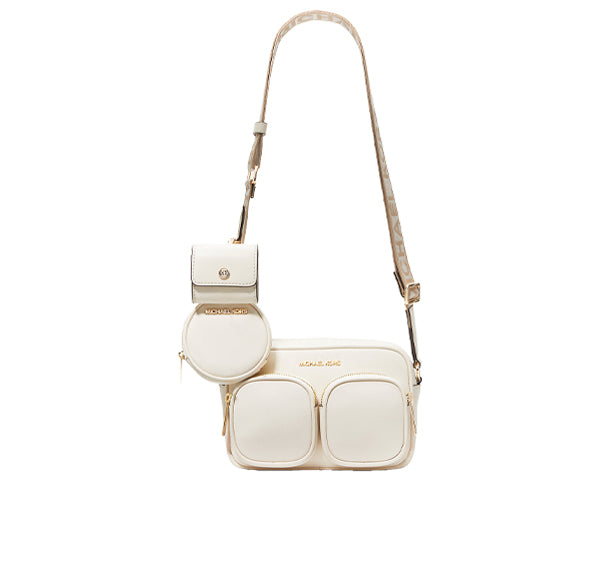 Michael Kors Women's Jet Set Medium Leather Crossbody Bag with Case for Apple Airpods Pro Cream/Gold