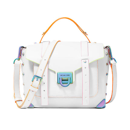 Michael Kors Women's Manhattan Medium Contrast-Trim Leather Satchel Optic White - Hemen Kargoda