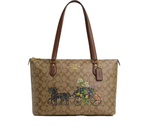 Coach Women's Gallery Tote Bag In Signature Canvas With Floral Horse And Carriage Gold/Khaki Multi