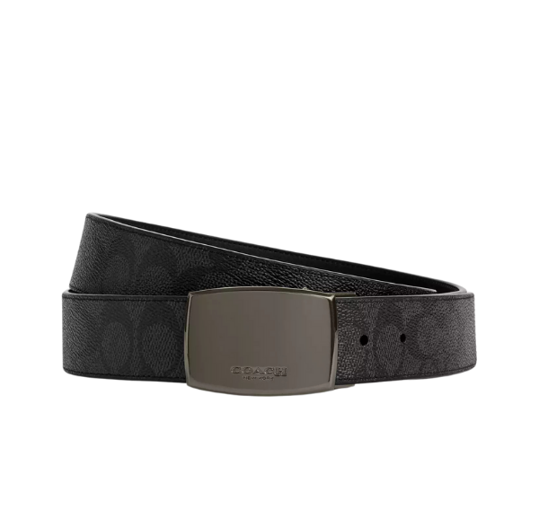 Coach Men's Boxed Plaque And Harness Buckle Cut To Size Reversible Belt 38 Mm Signature Canvas/Gunmetal/Charcoal/Black