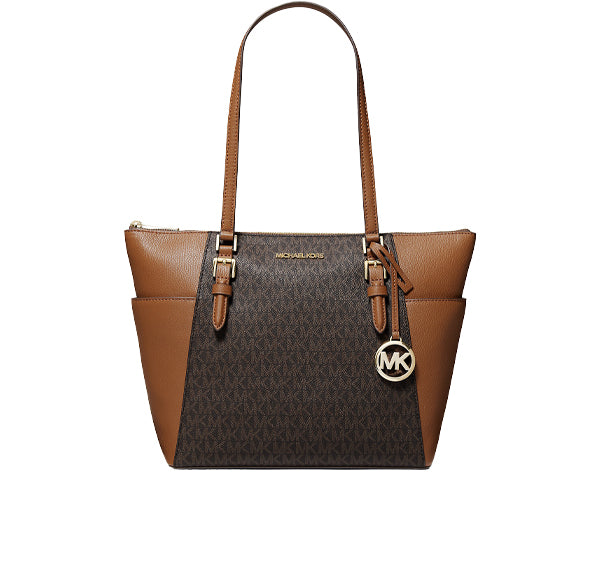 Michael Kors Women's Charlotte Large Logo and Leather Top Zip Tote Bag Brown