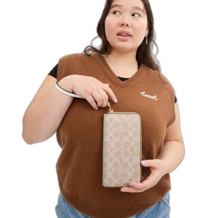 Coach Women's Long Zip Around Wallet In Signature Canvas Gold/Sand/Chalk