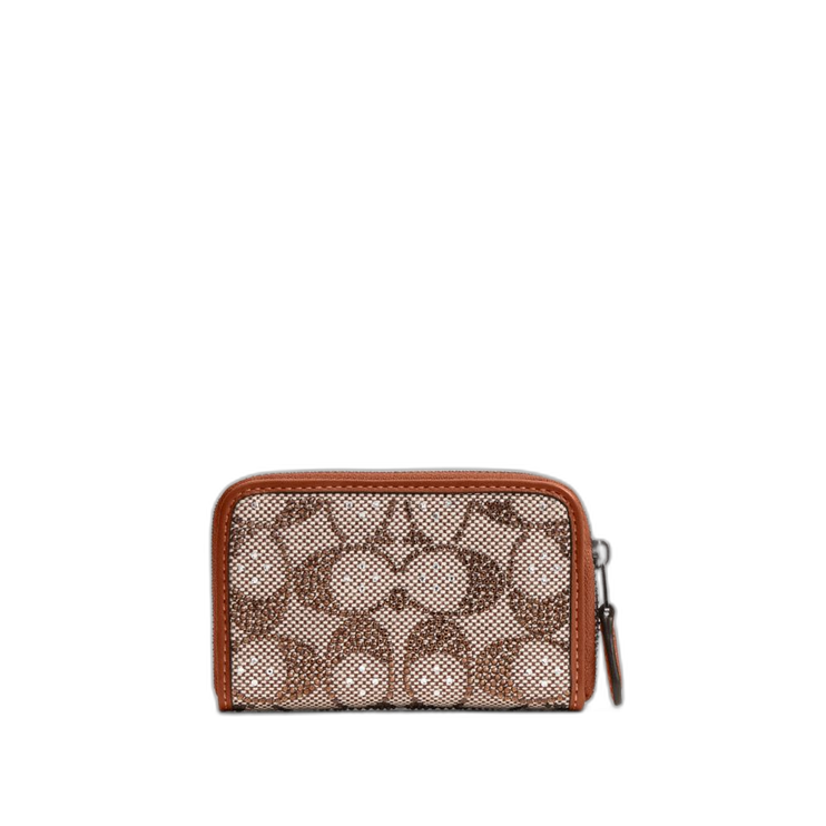 Coach Women's Essential Small Zip Around Card Case In Crystal Signature Jacquard Silver/Burnished Amber