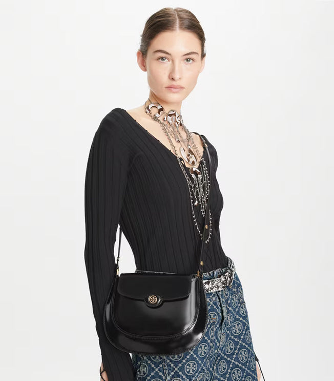 Tory Burch Women's Robinson Spazzolato Small Flap Bag Black