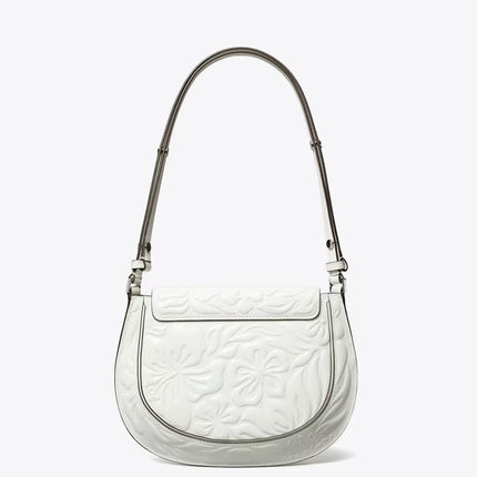 Tory Burch Women's Robinson Floral Embossed Saddlebag Blanc